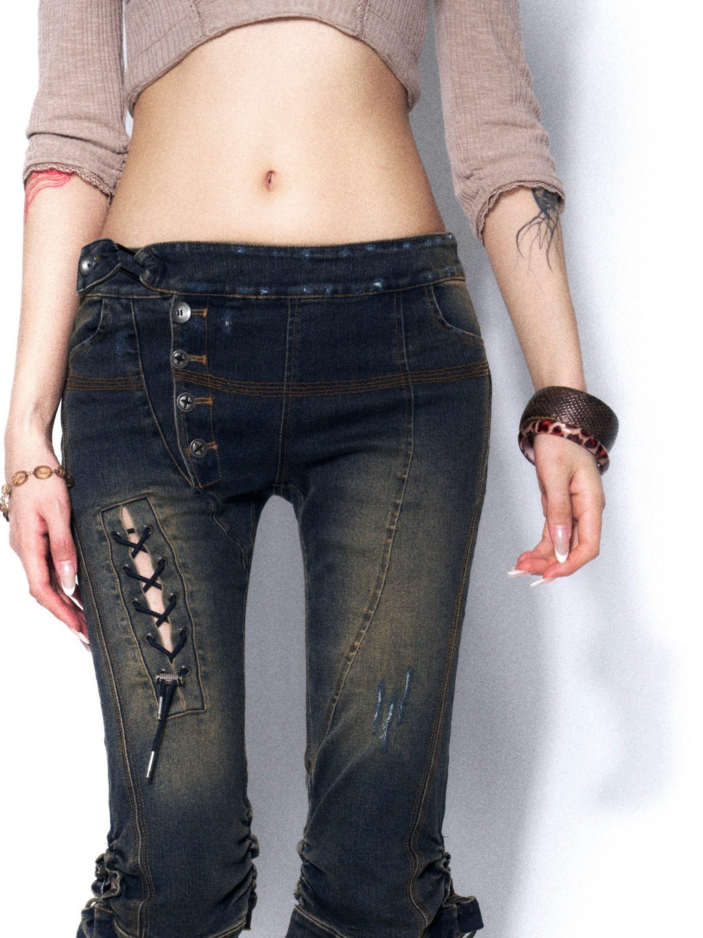 OPEN AESTHETIC Washed Slim Low Rise Tie Detail Slight Stretch Women Button Fly Denim Shorts