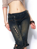 OPEN AESTHETIC Washed Slim Low Rise Tie Detail Slight Stretch Women Button Fly Denim Shorts