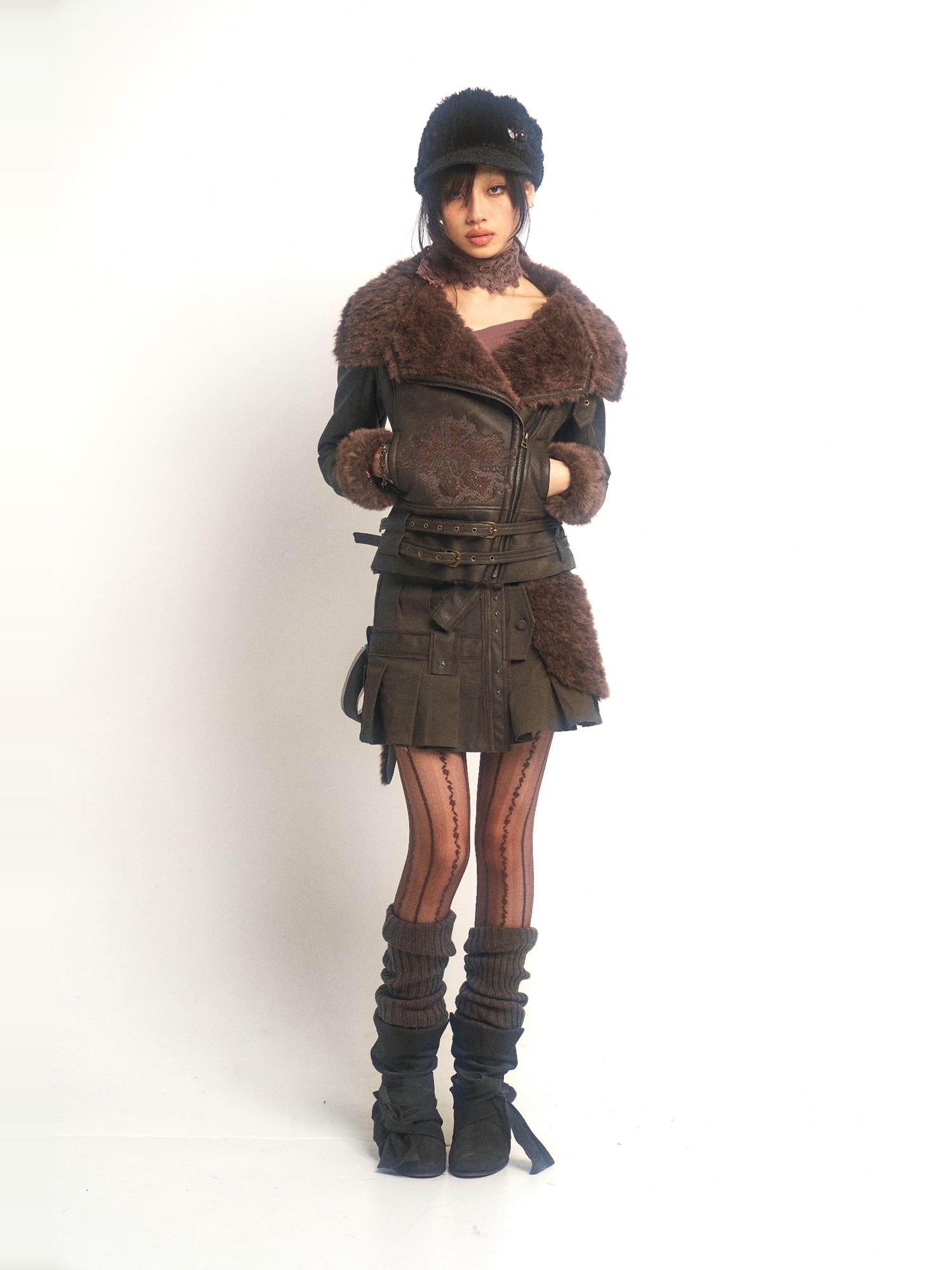 OPEN AESTHETIC Windproof Embroidered Faux Fur Cropped Slim Fit Millennial Women Leather Jackets