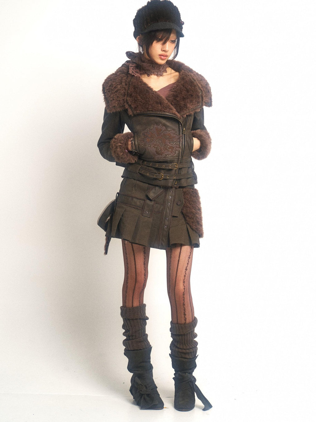 OPEN AESTHETIC Windproof Embroidered Faux Fur Cropped Slim Fit Millennial Women Leather Jackets