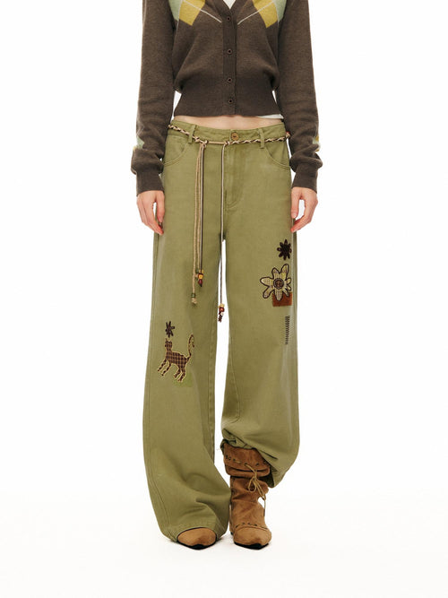 Outthe Blue 100% Cotton Animal Print Casual Natural Waist Button Fly Women Straight Pants