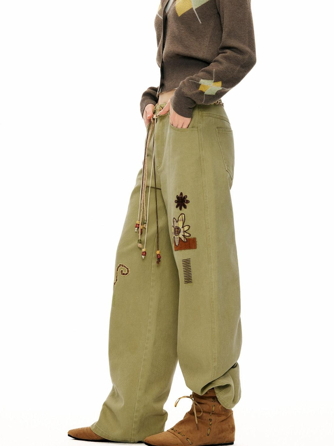 Outthe Blue 100% Cotton Animal Print Casual Natural Waist Button Fly Women Straight Pants