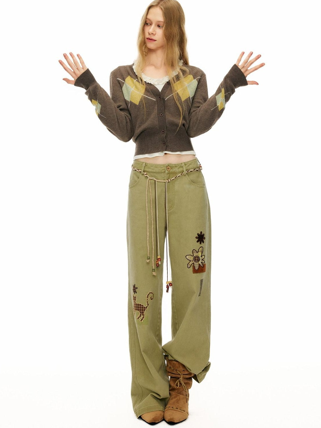 Outthe Blue 100% Cotton Animal Print Casual Natural Waist Button Fly Women Straight Pants