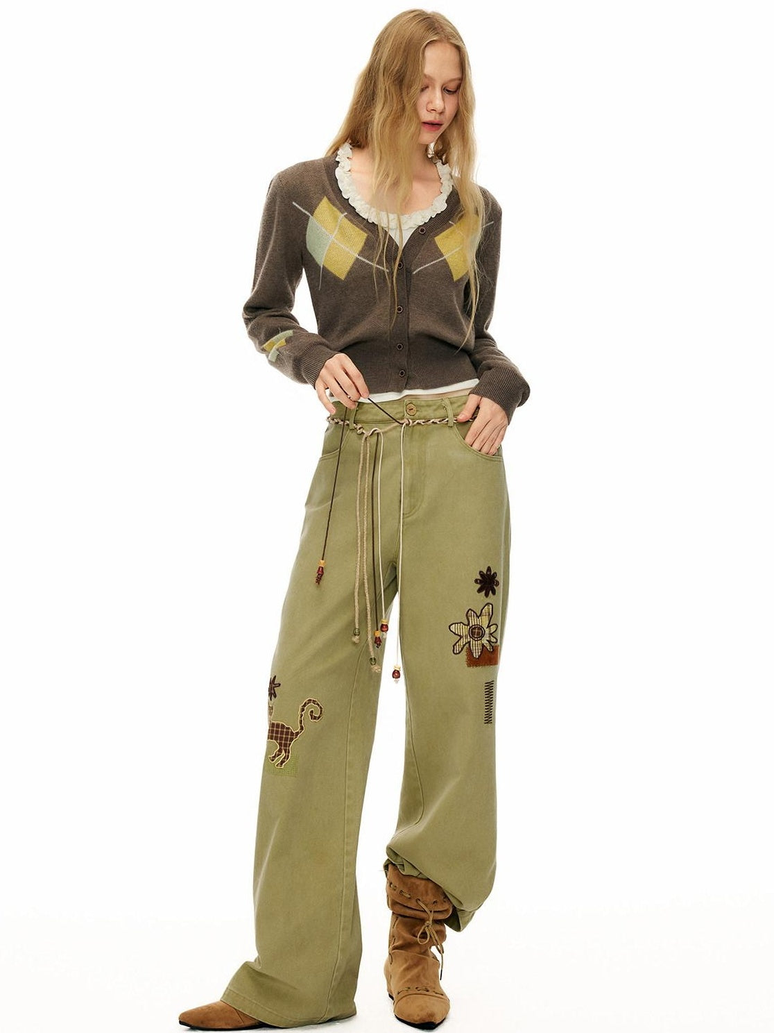 Outthe Blue 100% Cotton Animal Print Casual Natural Waist Button Fly Women Straight Pants