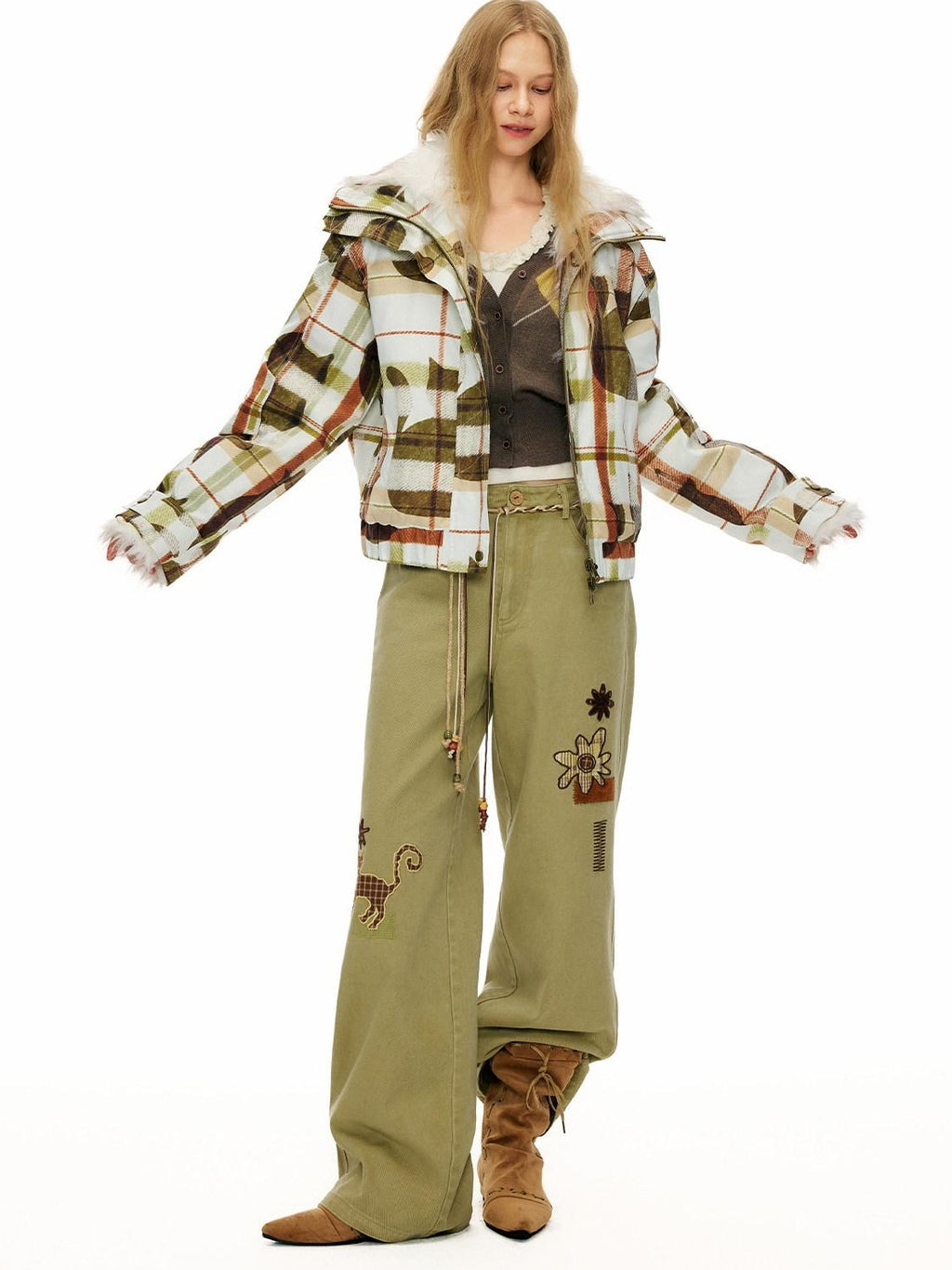 Outthe Blue 100% Cotton Animal Print Casual Natural Waist Button Fly Women Straight Pants
