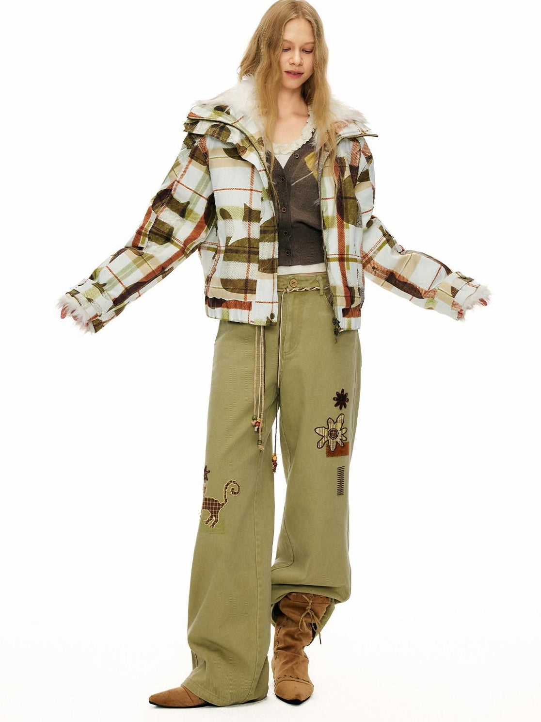Outthe Blue 100% Cotton Animal Print Casual Natural Waist Button Fly Women Straight Pants