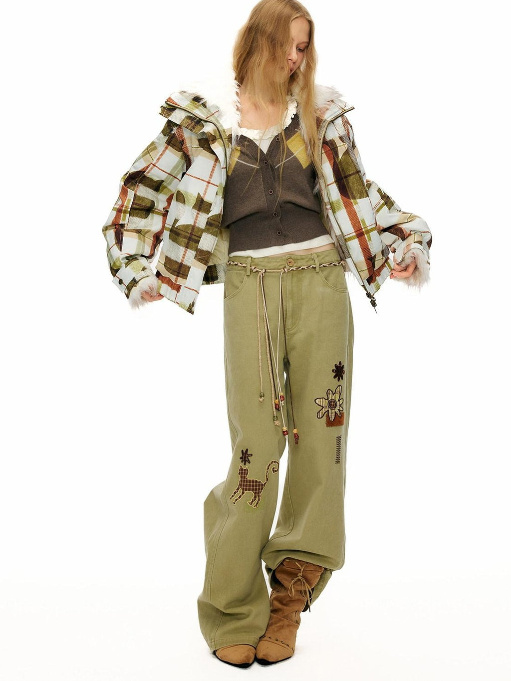Outthe Blue 100% Cotton Animal Print Casual Natural Waist Button Fly Women Straight Pants