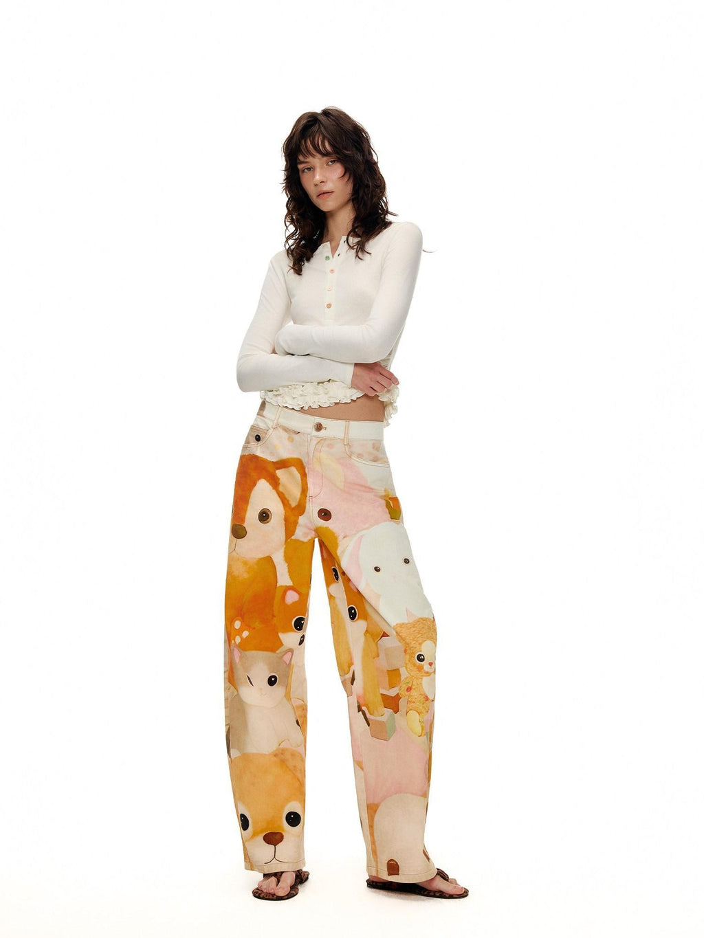 Outthe Blue 100% Cotton Cartoon Animal Print Mid Rise Button Fly Straight Leg Women Pants