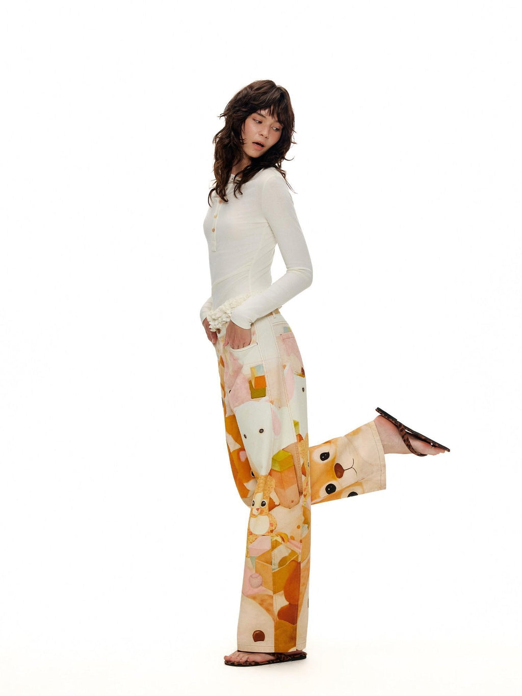 Outthe Blue 100% Cotton Cartoon Animal Print Mid Rise Button Fly Straight Leg Women Pants