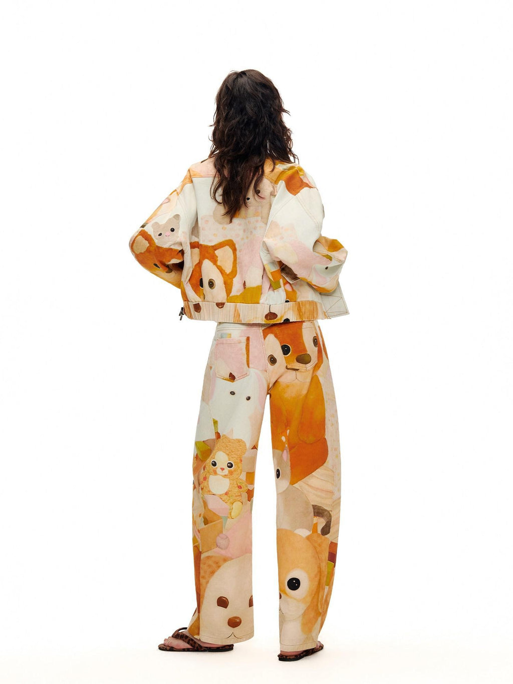 Outthe Blue 100% Cotton Cartoon Animal Print Mid Rise Button Fly Straight Leg Women Pants