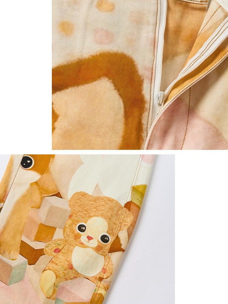 Outthe Blue 100% Cotton Cartoon Animal Print Mid Rise Button Fly Straight Leg Women Pants