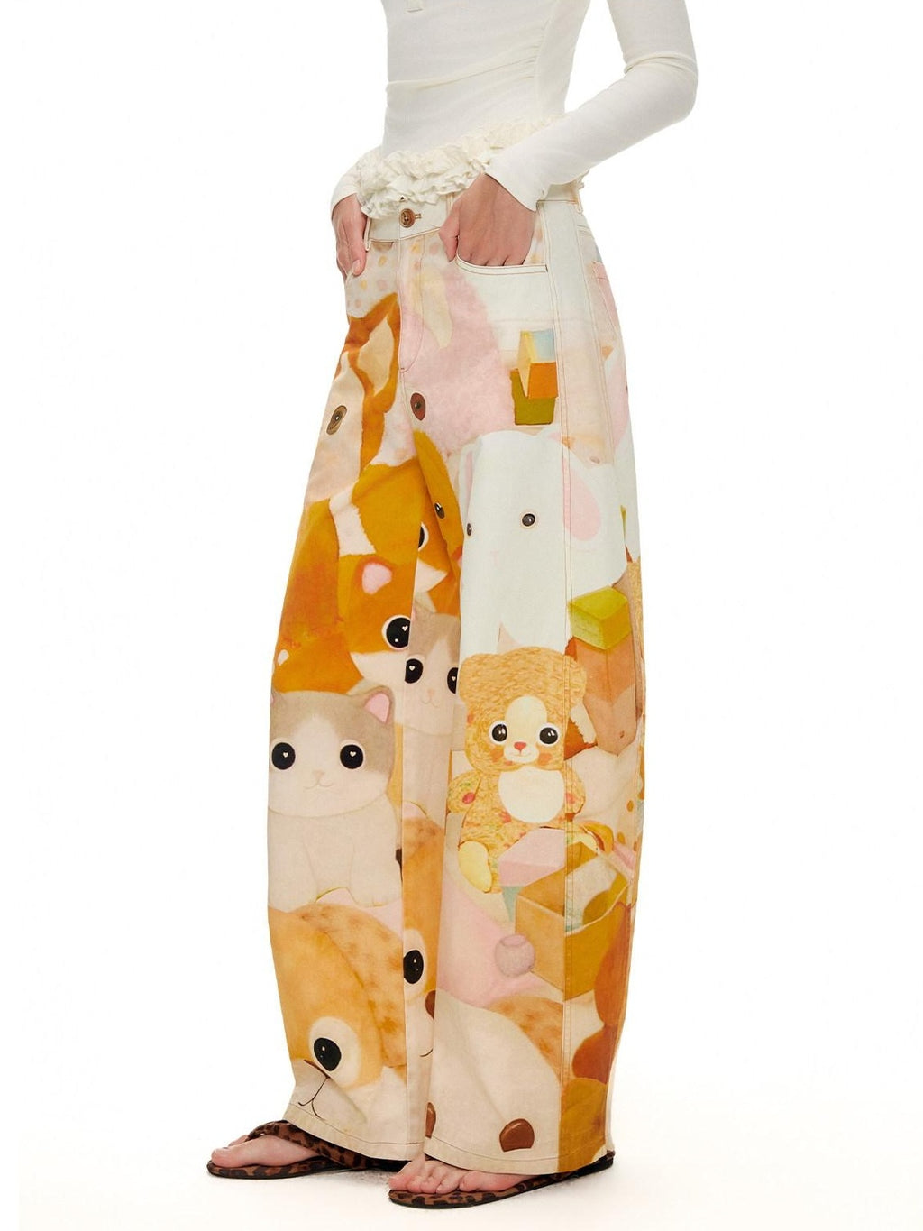 Outthe Blue 100% Cotton Cartoon Animal Print Mid Rise Button Fly Straight Leg Women Pants