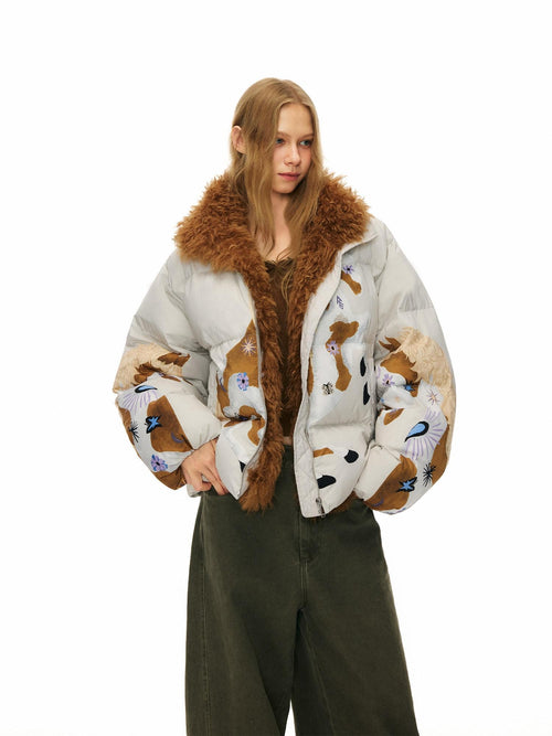 Outthe Blue 90% Duck Down Warm Printed Casual Collared Women Beige Zipper Down Jackets