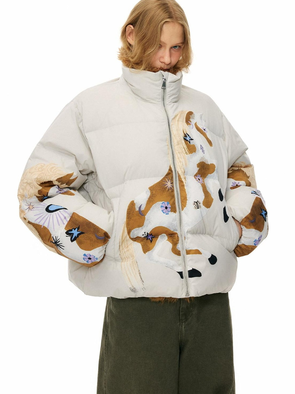 Outthe Blue 90% Duck Down Warm Printed Casual Collared Women Beige Zipper Down Jackets