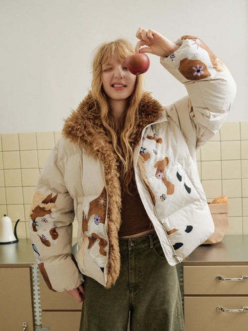 Outthe Blue 90% Duck Down Warm Printed Casual Collared Women Beige Zipper Down Jackets