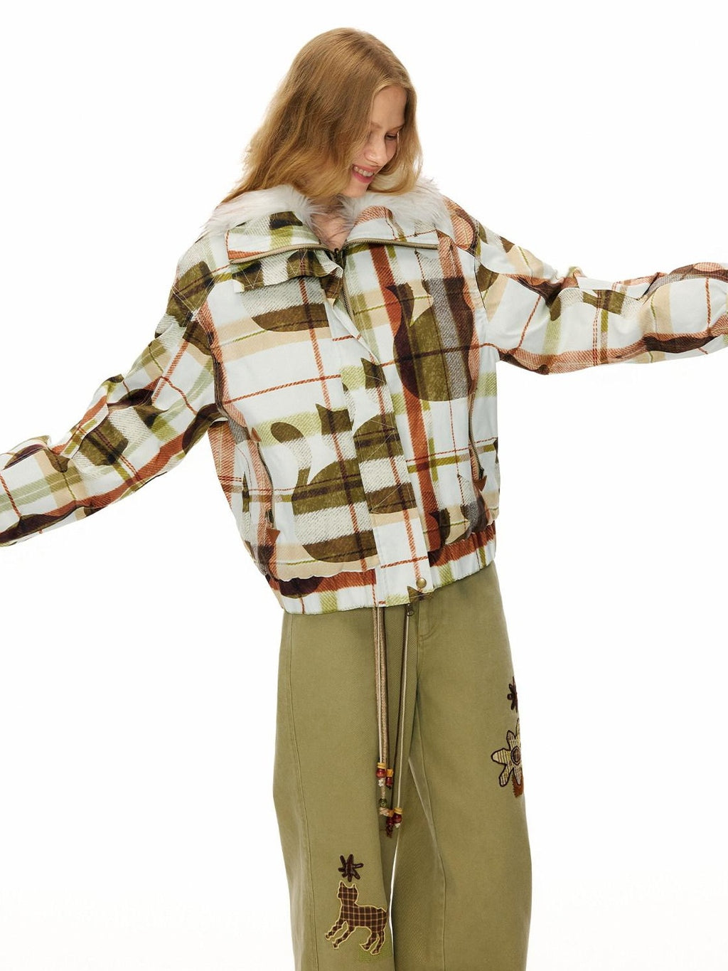 Outthe Blue 90% White Duck Down Warm Casual Print Stand Collar Low Waist Women Down Jackets