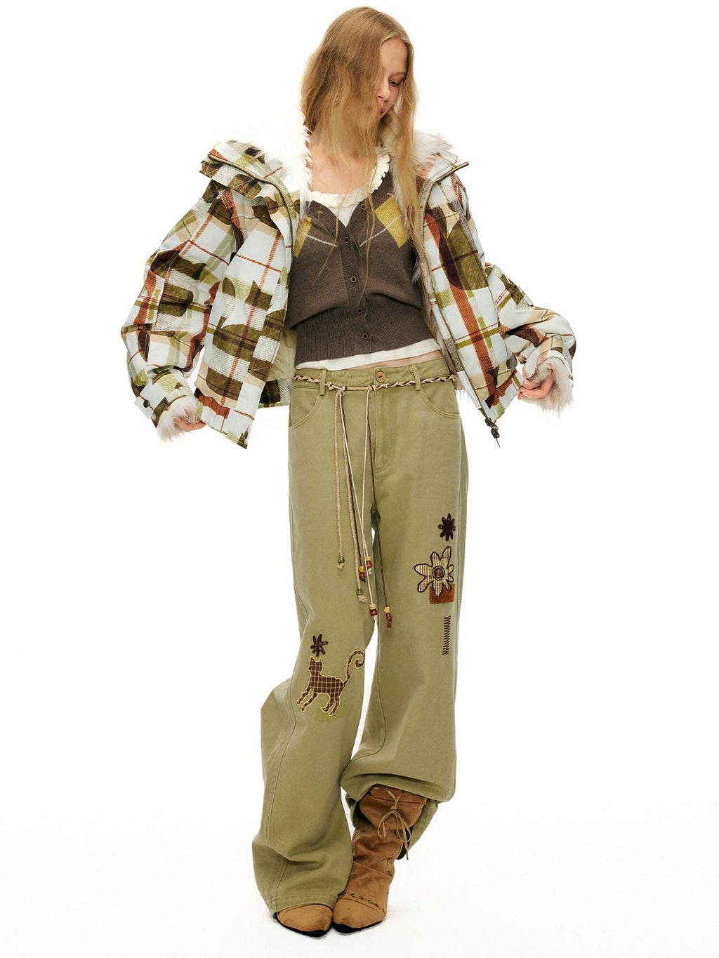 Outthe Blue 90% White Duck Down Warm Casual Print Stand Collar Low Waist Women Down Jackets