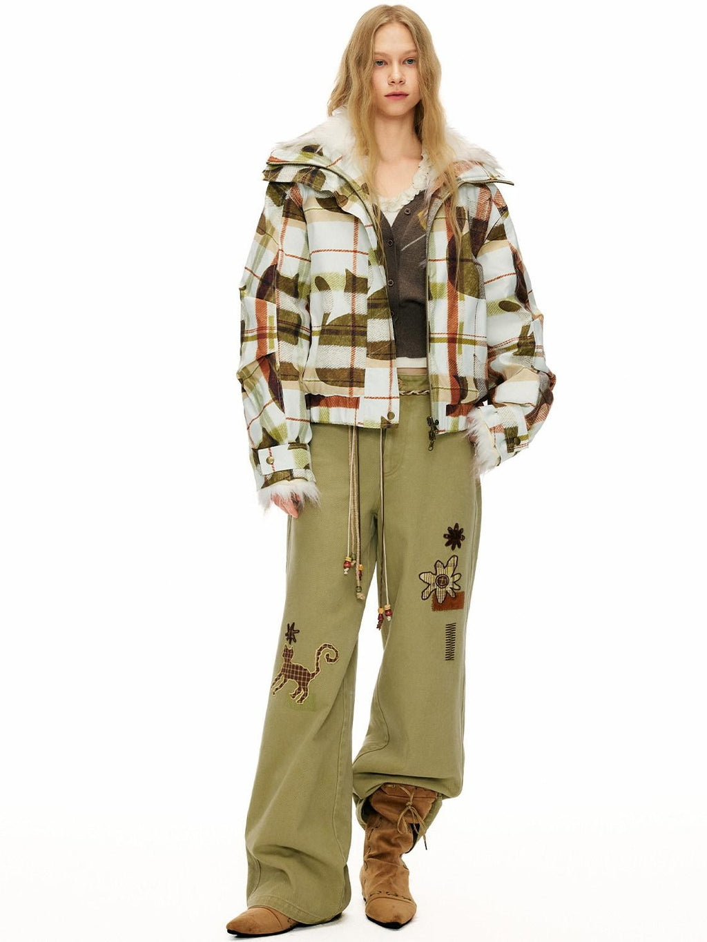 Outthe Blue 90% White Duck Down Warm Casual Print Stand Collar Low Waist Women Down Jackets