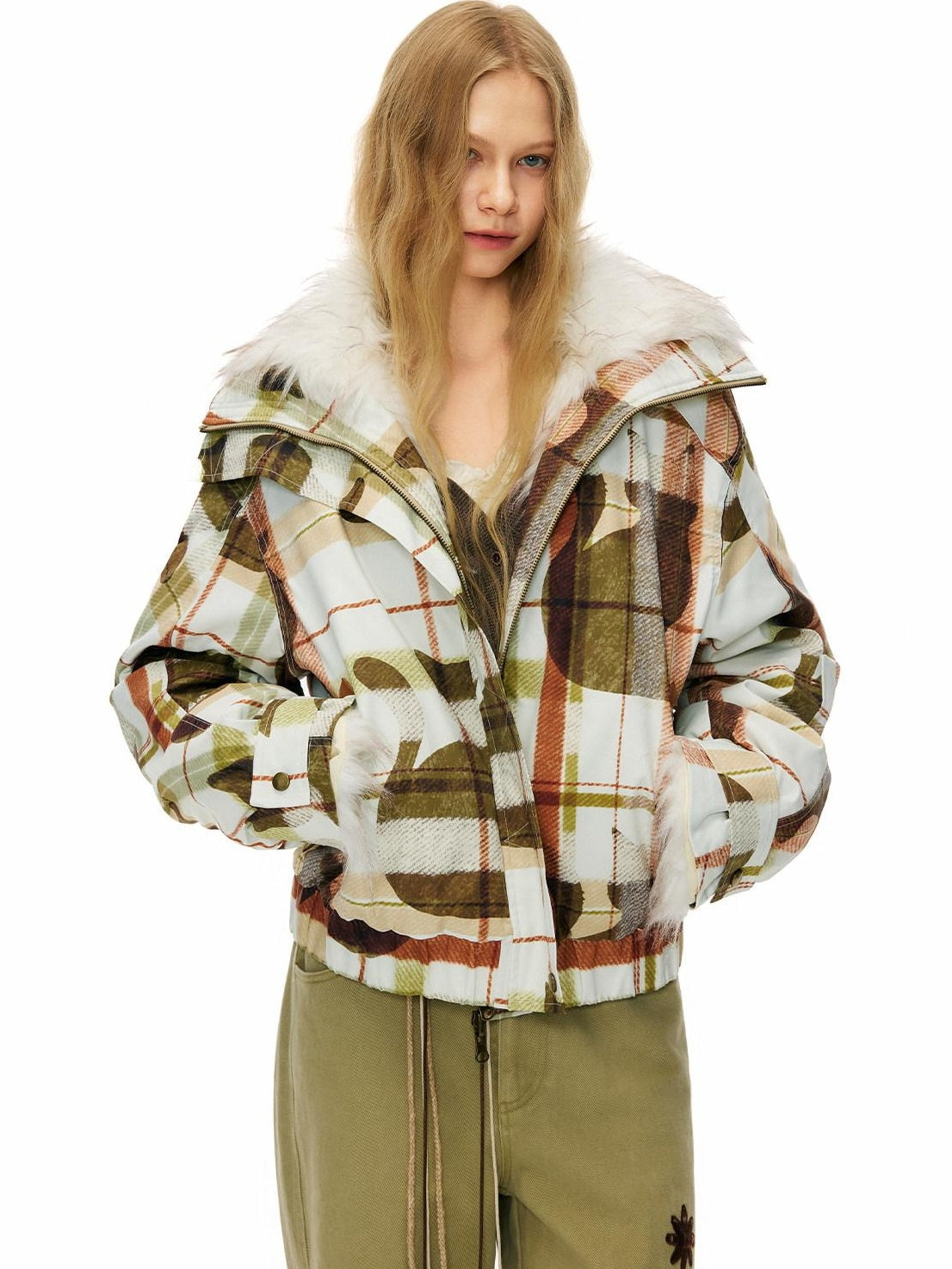 Outthe Blue 90% White Duck Down Warm Casual Print Stand Collar Low Waist Women Down Jackets