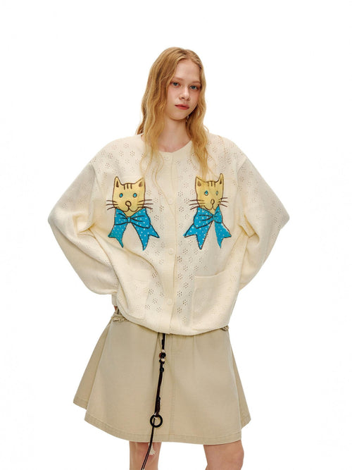 Outthe Blue Acrylic Blend Embroidered Animal Casual Regular For Women Buttoned Cardigans