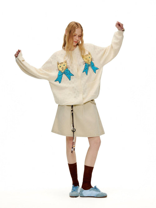 Outthe Blue Acrylic Blend Embroidered Animal Casual Regular For Women Buttoned Cardigans