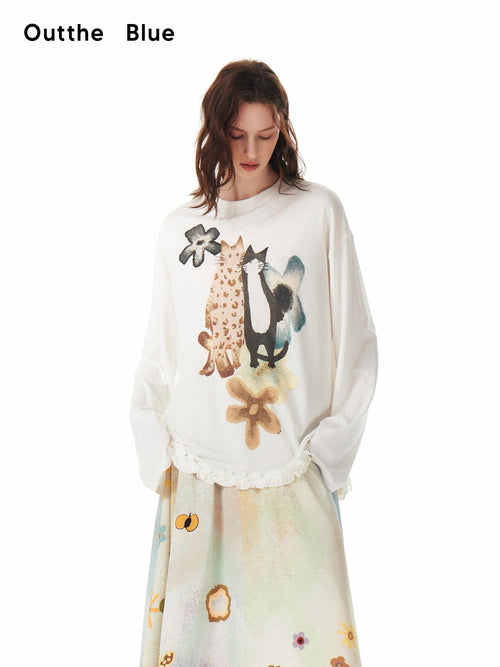 Outthe Blue Artistic Animal Print Relaxed Dropped Shoulder White Casual Long Sleeve T-Shirts