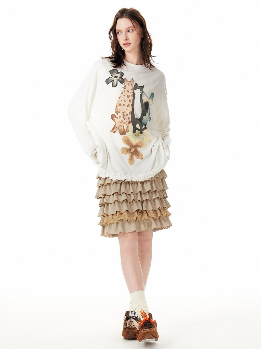 Outthe Blue Artistic Animal Print Relaxed Dropped Shoulder White Casual Long Sleeve T-Shirts