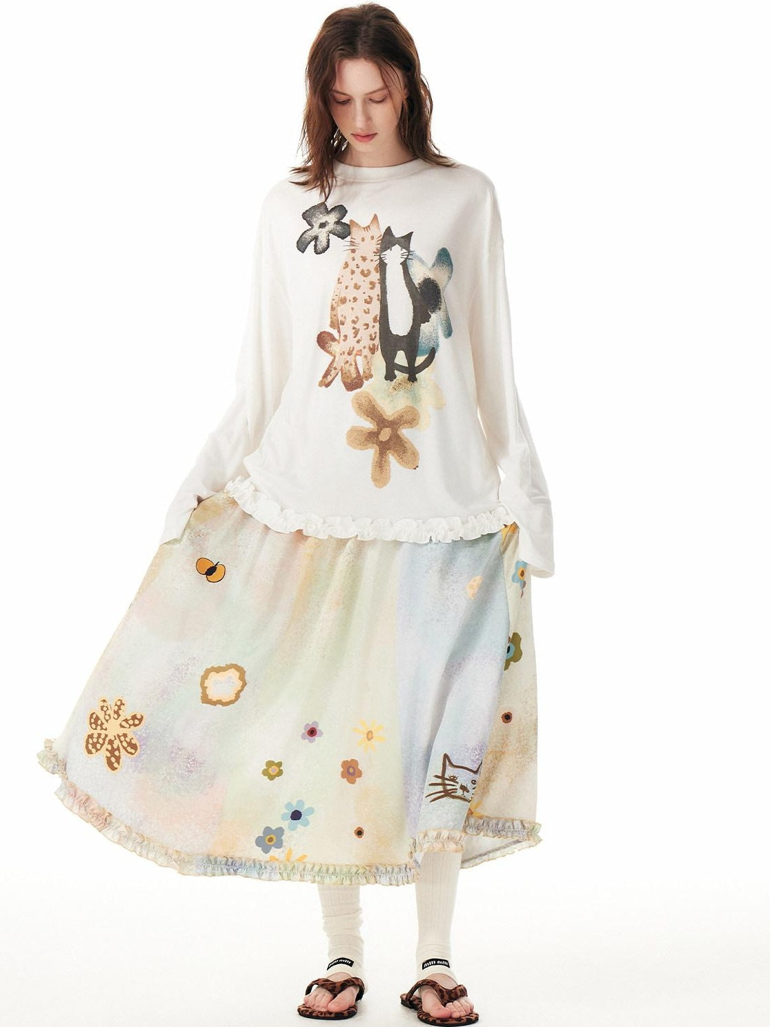 Outthe Blue Artistic Animal Print Relaxed Dropped Shoulder White Casual Long Sleeve T-Shirts