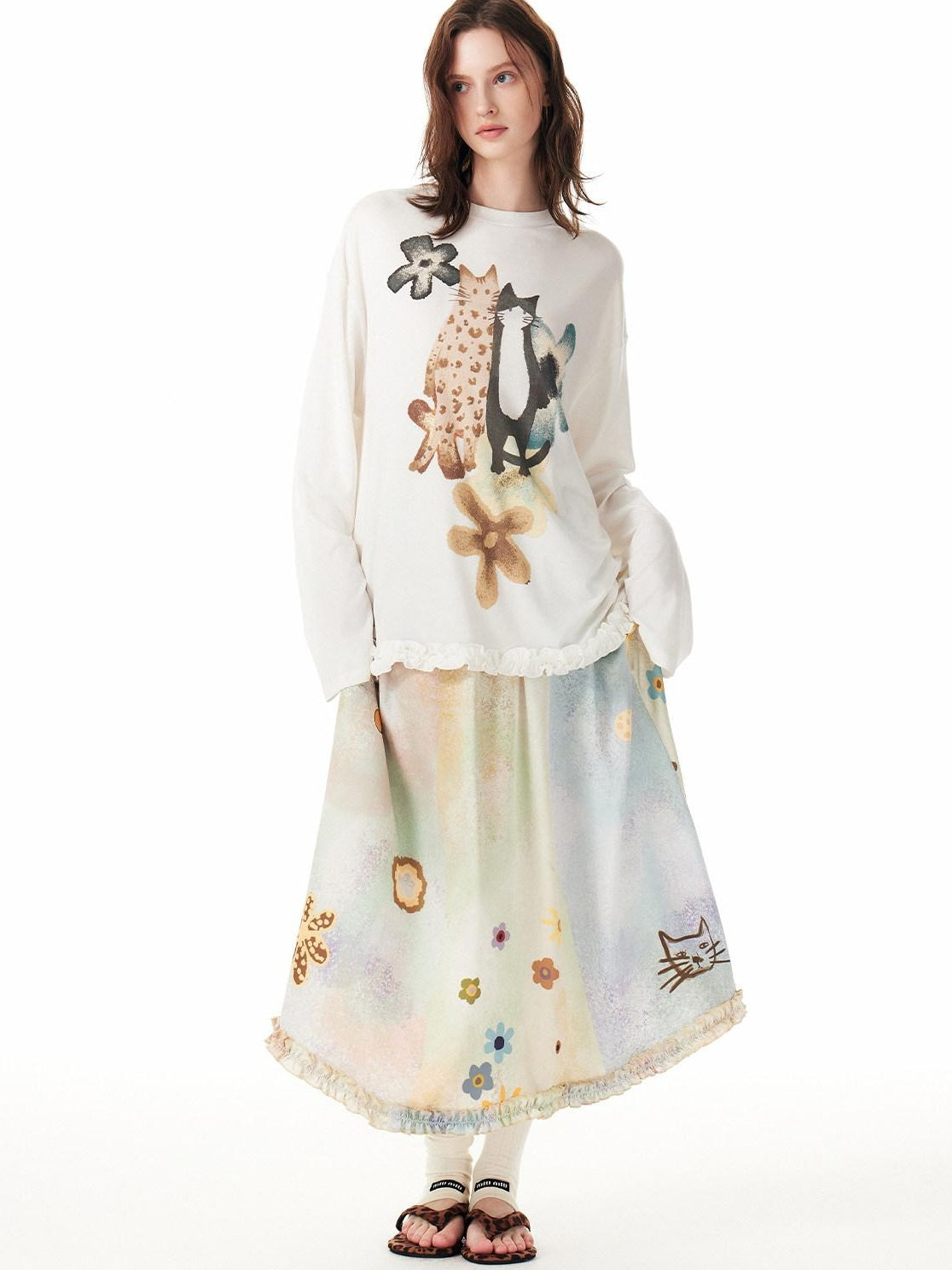 Outthe Blue Artistic Animal Print Relaxed Dropped Shoulder White Casual Long Sleeve T-Shirts