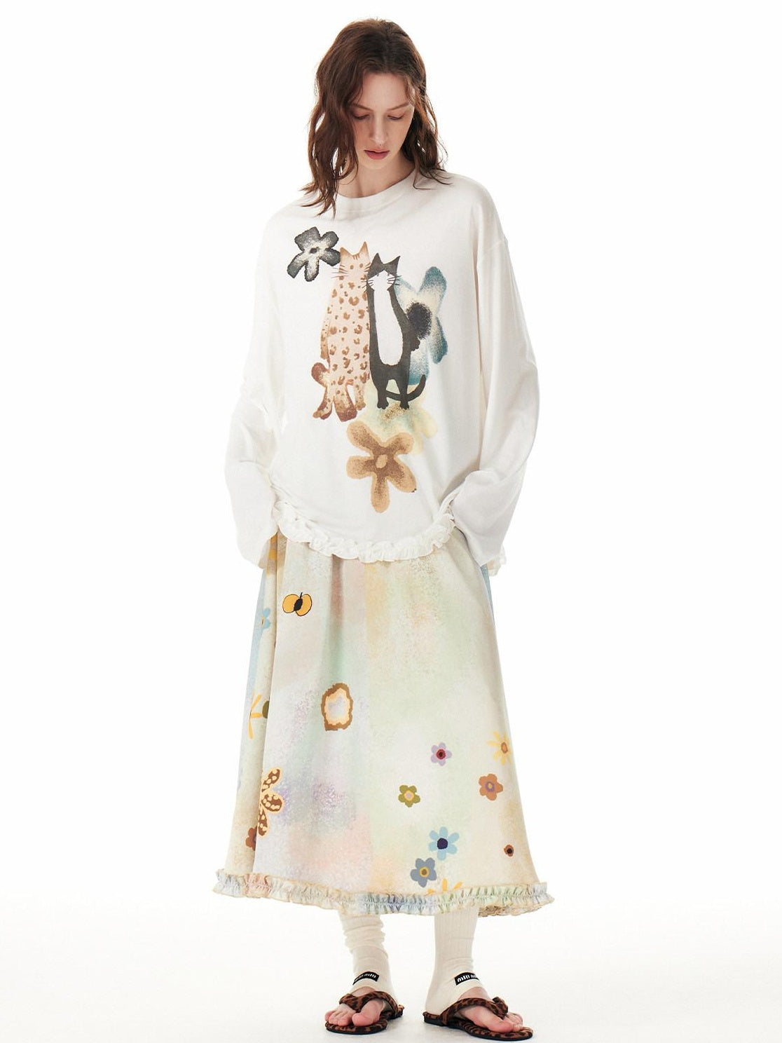 Outthe Blue Artistic Animal Print Relaxed Dropped Shoulder White Casual Long Sleeve T-Shirts