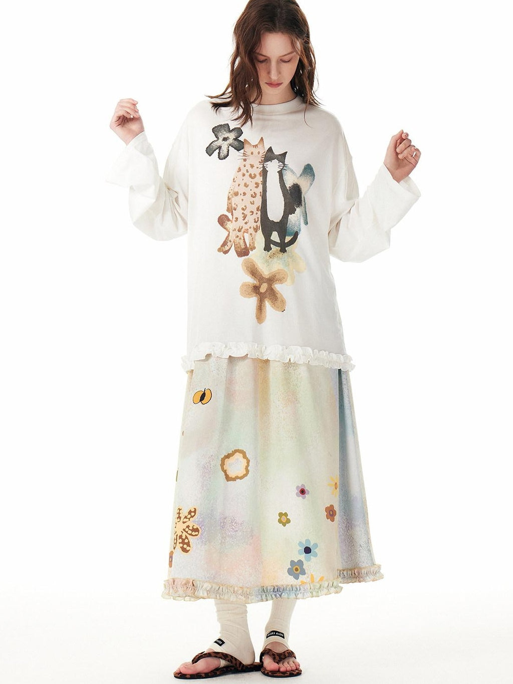 Outthe Blue Artistic Animal Print Relaxed Dropped Shoulder White Casual Long Sleeve T-Shirts