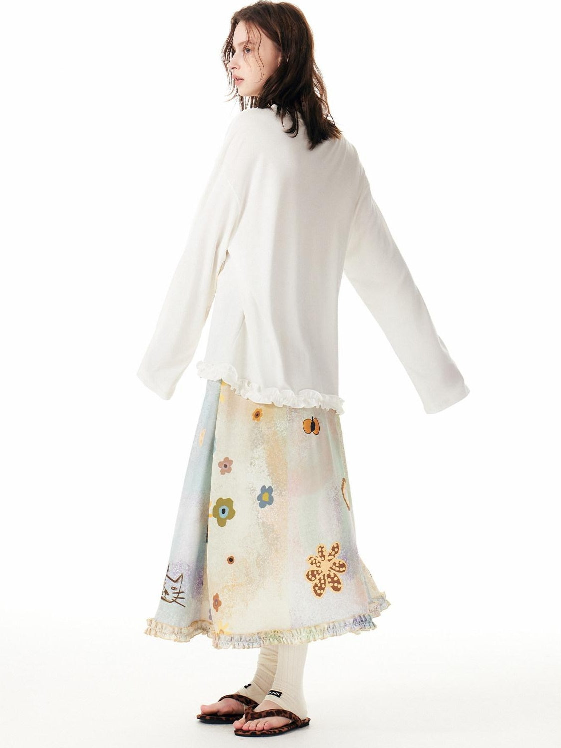 Outthe Blue Artistic Animal Print Relaxed Dropped Shoulder White Casual Long Sleeve T-Shirts
