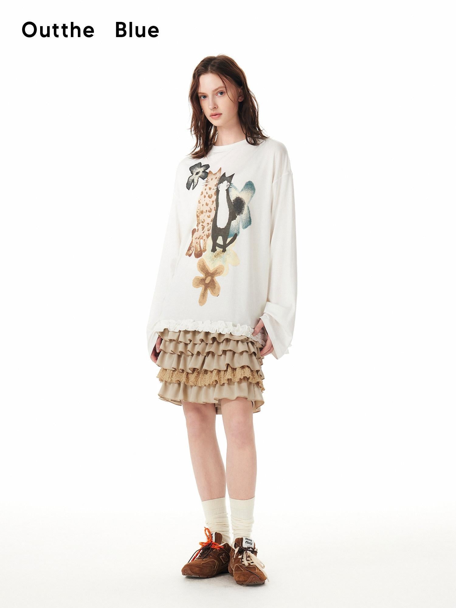 Outthe Blue Artistic Animal Print Relaxed Dropped Shoulder White Casual Long Sleeve T-Shirts