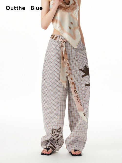 Outthe Blue Asymmetric Plaid Curved Leg Relaxed Pockets Button Fly Womens Polyester Pants
