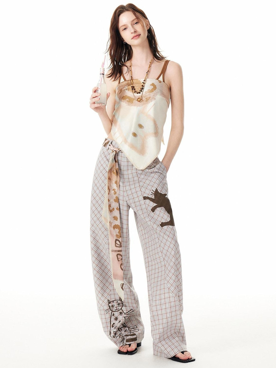 Outthe Blue Asymmetric Plaid Curved Leg Relaxed Pockets Button Fly Womens Polyester Pants