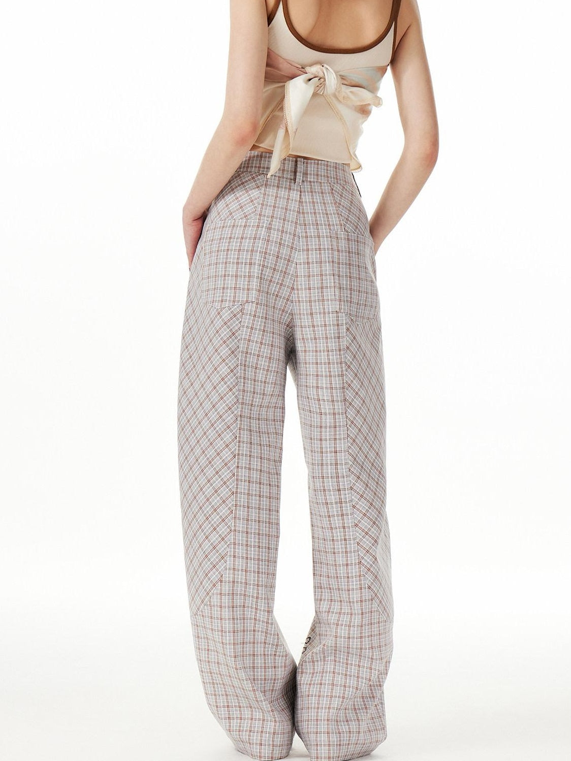 Outthe Blue Asymmetric Plaid Curved Leg Relaxed Pockets Button Fly Womens Polyester Pants
