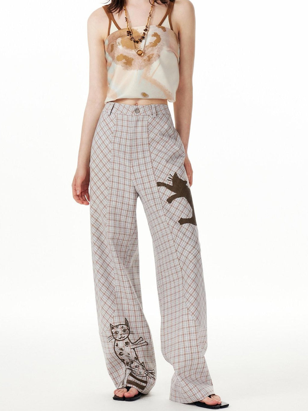 Outthe Blue Asymmetric Plaid Curved Leg Relaxed Pockets Button Fly Womens Polyester Pants