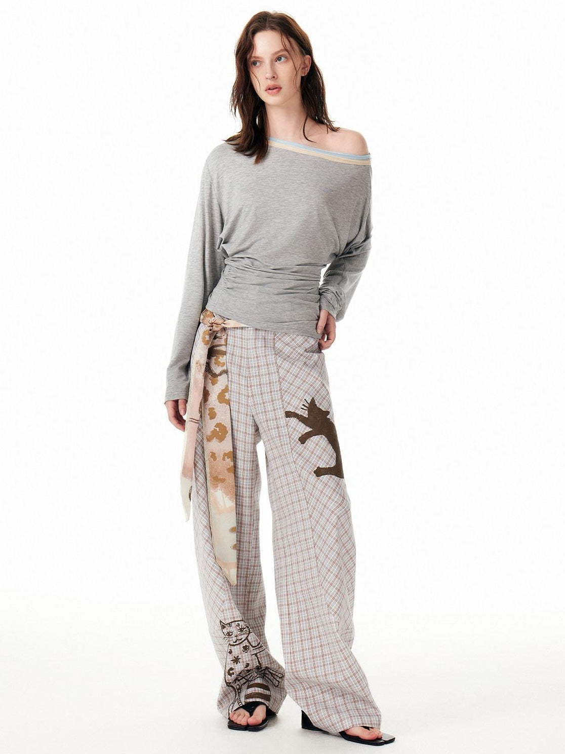 Outthe Blue Asymmetric Plaid Curved Leg Relaxed Pockets Button Fly Womens Polyester Pants