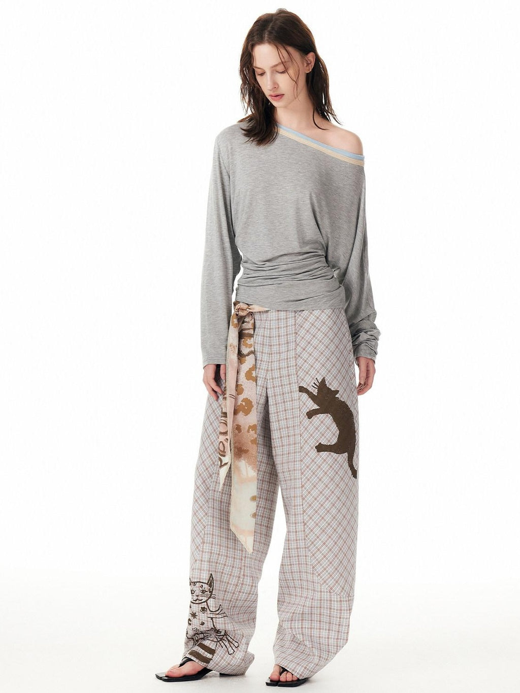 Outthe Blue Asymmetric Plaid Curved Leg Relaxed Pockets Button Fly Womens Polyester Pants