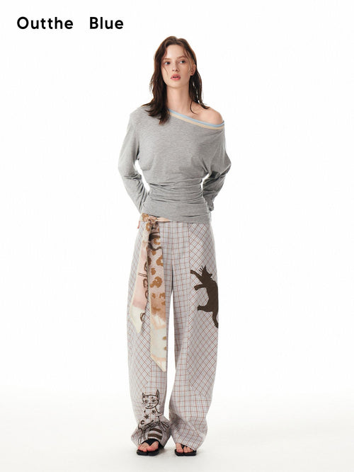 Outthe Blue Asymmetric Plaid Curved Leg Relaxed Pockets Button Fly Womens Polyester Pants