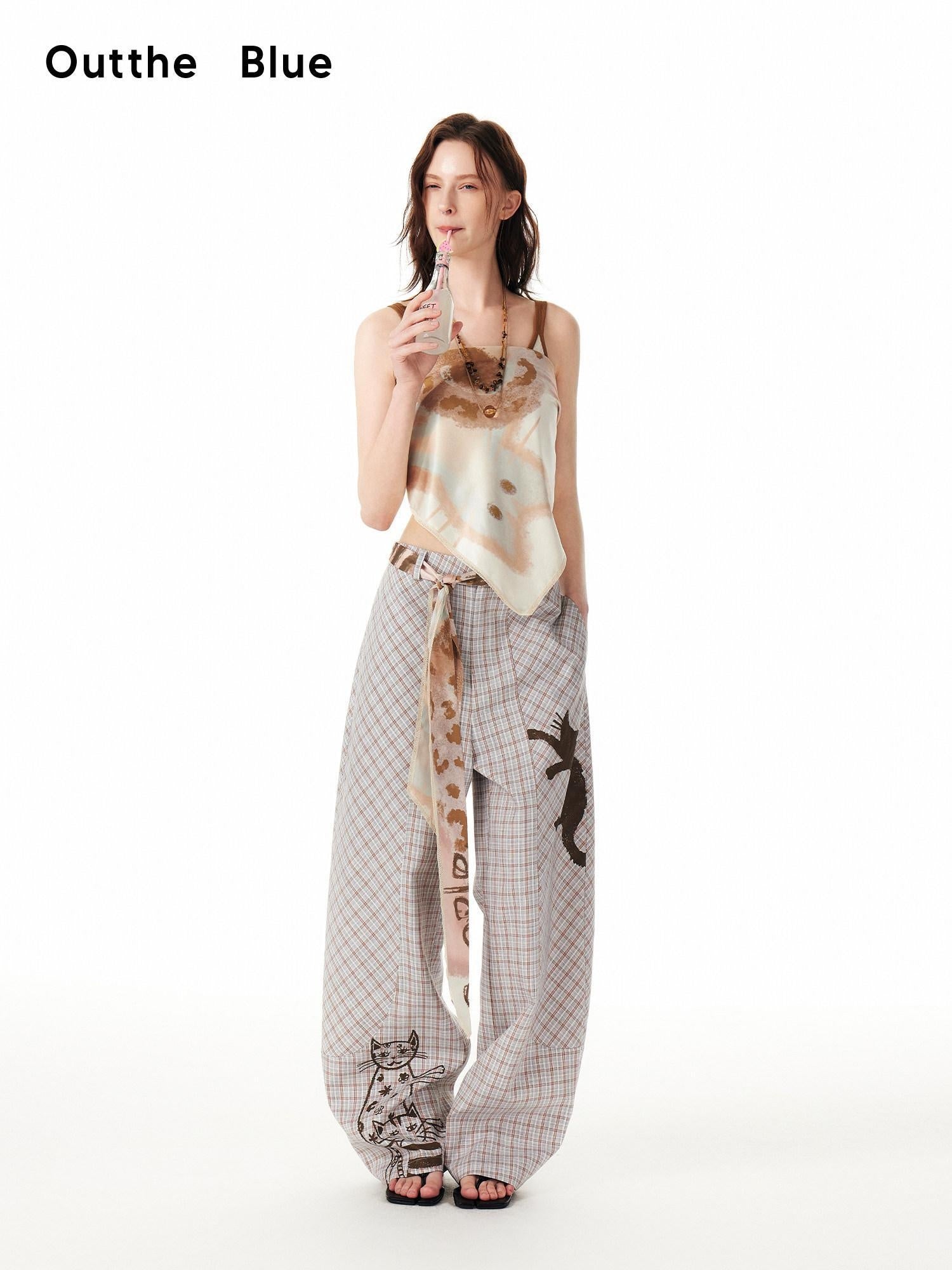 Outthe Blue Asymmetric Plaid Curved Leg Relaxed Pockets Button Fly Womens Polyester Pants