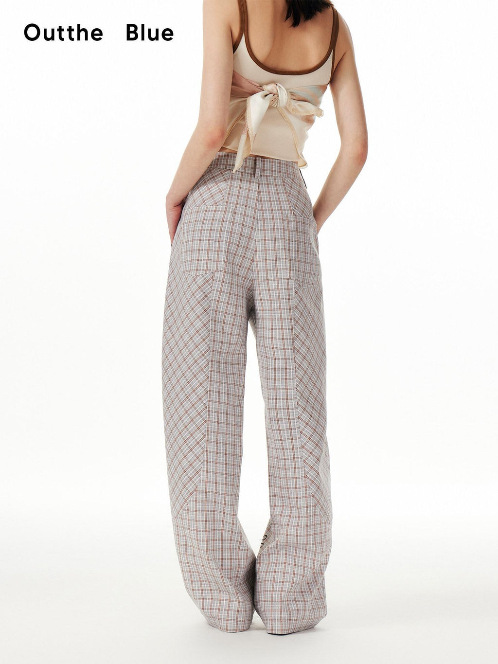 Outthe Blue Asymmetric Plaid Curved Leg Relaxed Pockets Button Fly Womens Polyester Pants