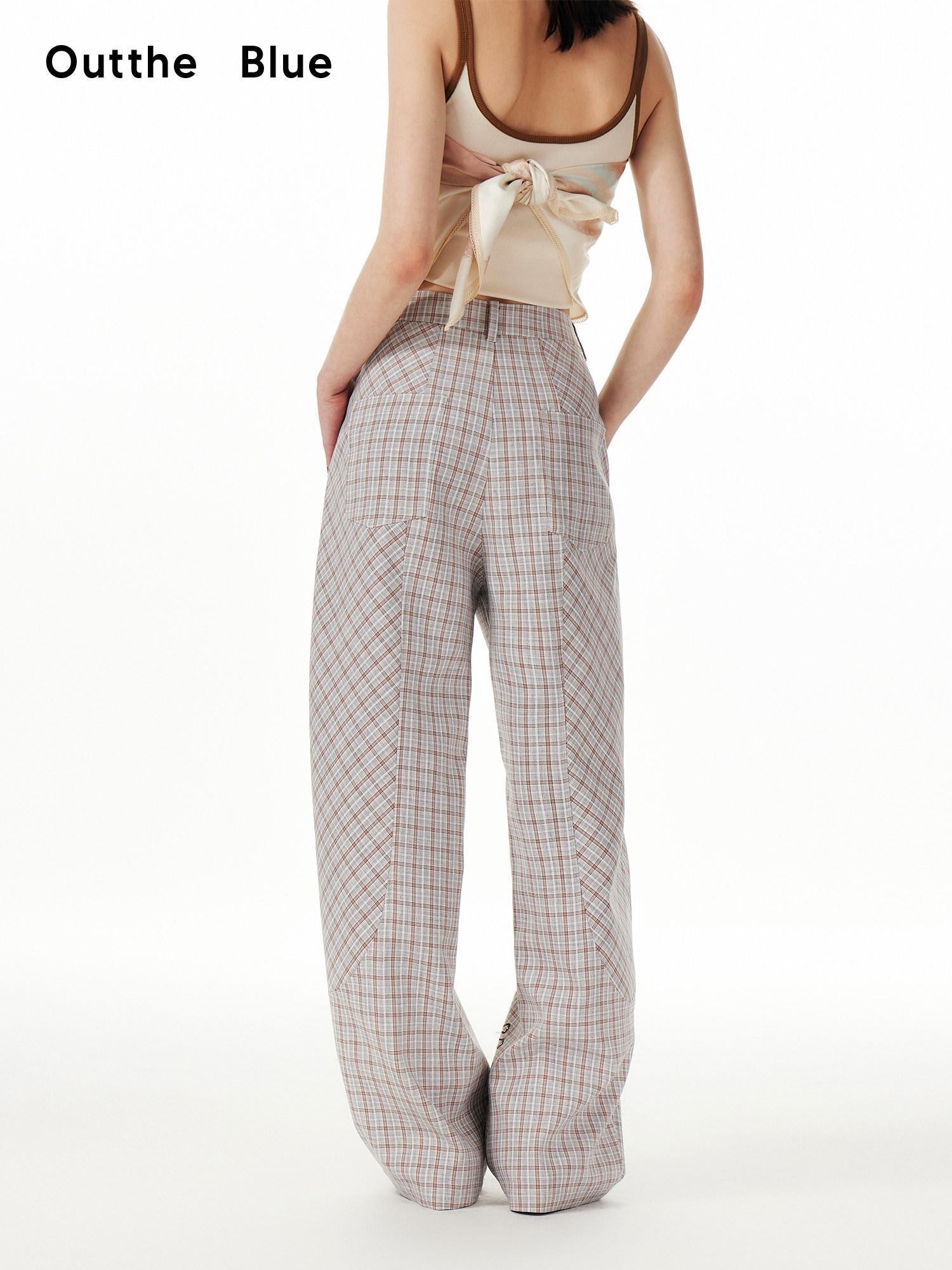 Outthe Blue Asymmetric Plaid Curved Leg Relaxed Pockets Button Fly Womens Polyester Pants
