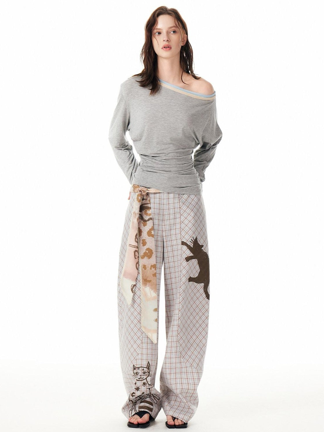 Outthe Blue Asymmetric Plaid Curved Leg Relaxed Pockets Button Fly Womens Polyester Pants