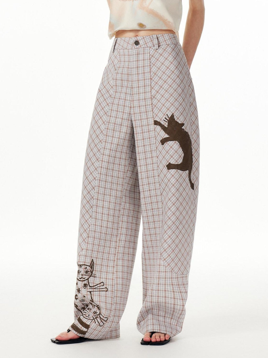 Outthe Blue Asymmetric Plaid Curved Leg Relaxed Pockets Button Fly Womens Polyester Pants