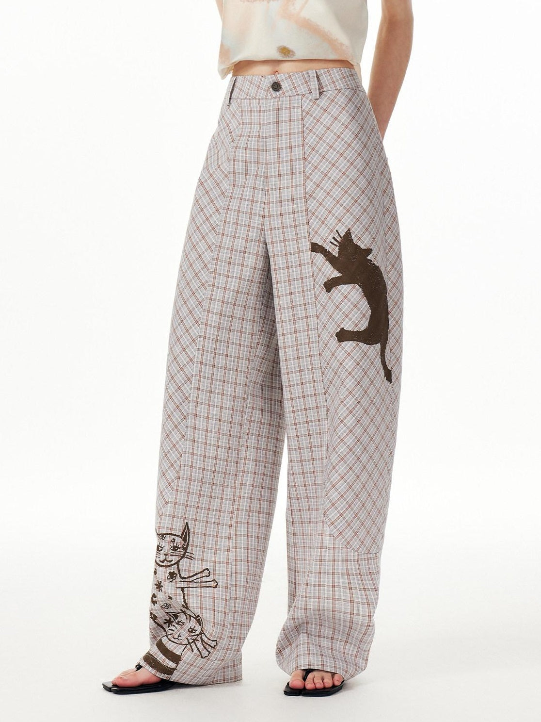 Outthe Blue Asymmetric Plaid Curved Leg Relaxed Pockets Button Fly Womens Polyester Pants