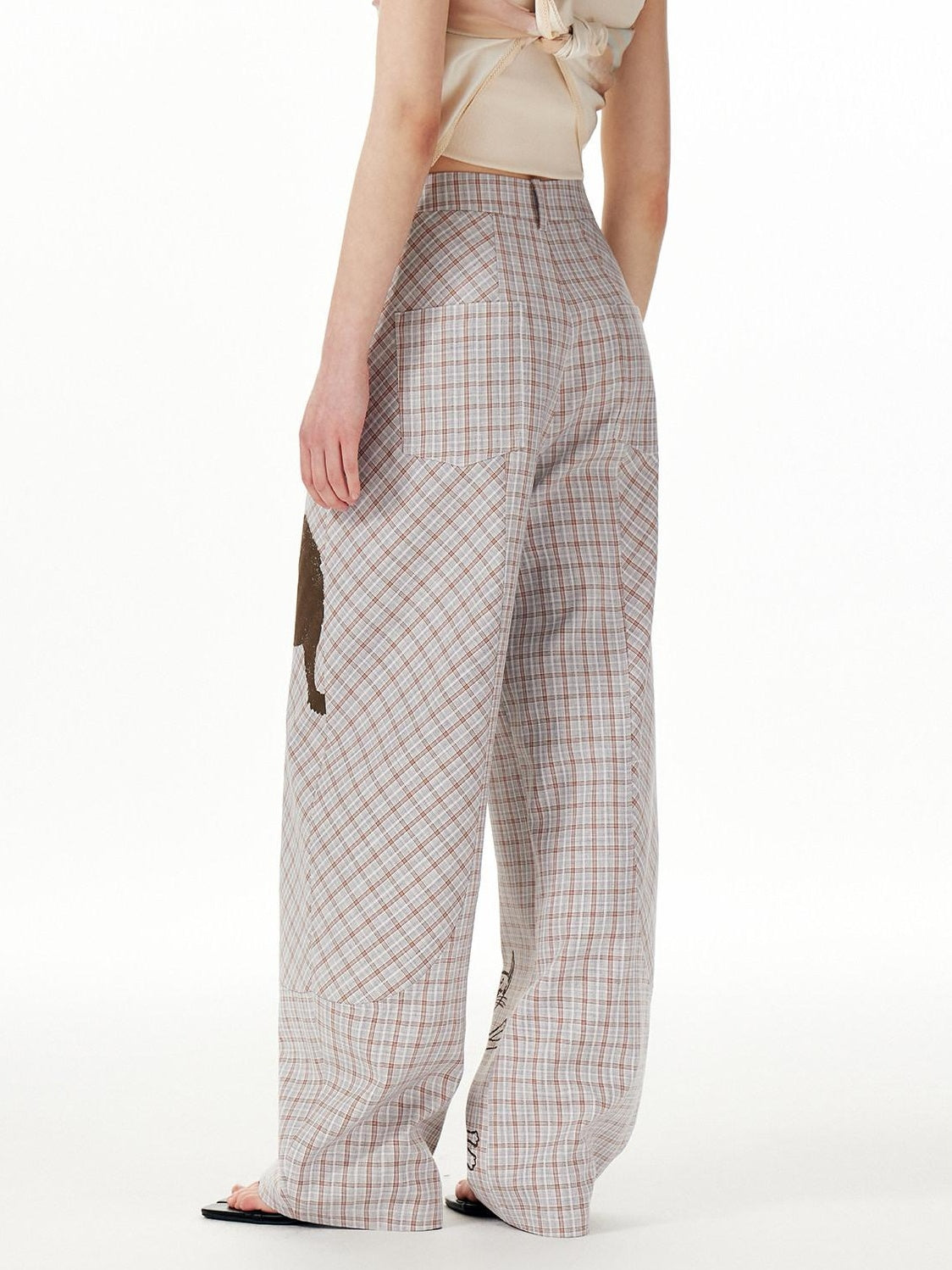 Outthe Blue Asymmetric Plaid Curved Leg Relaxed Pockets Button Fly Womens Polyester Pants