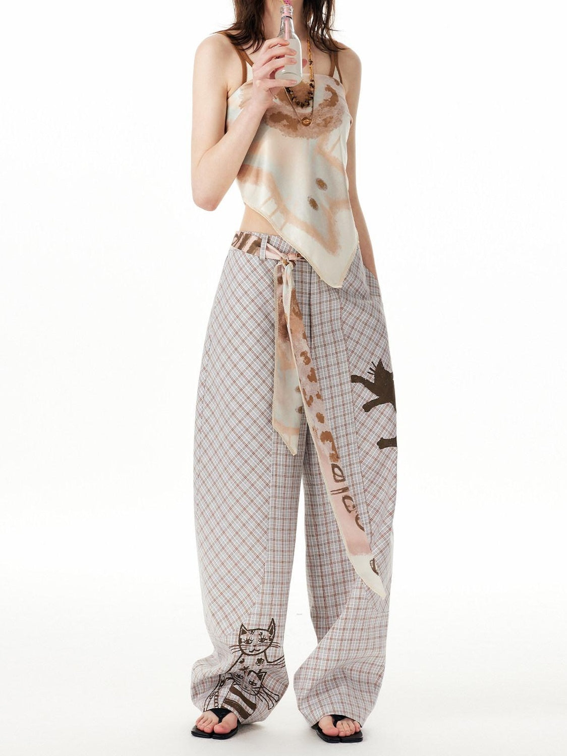 Outthe Blue Asymmetric Plaid Curved Leg Relaxed Pockets Button Fly Womens Polyester Pants
