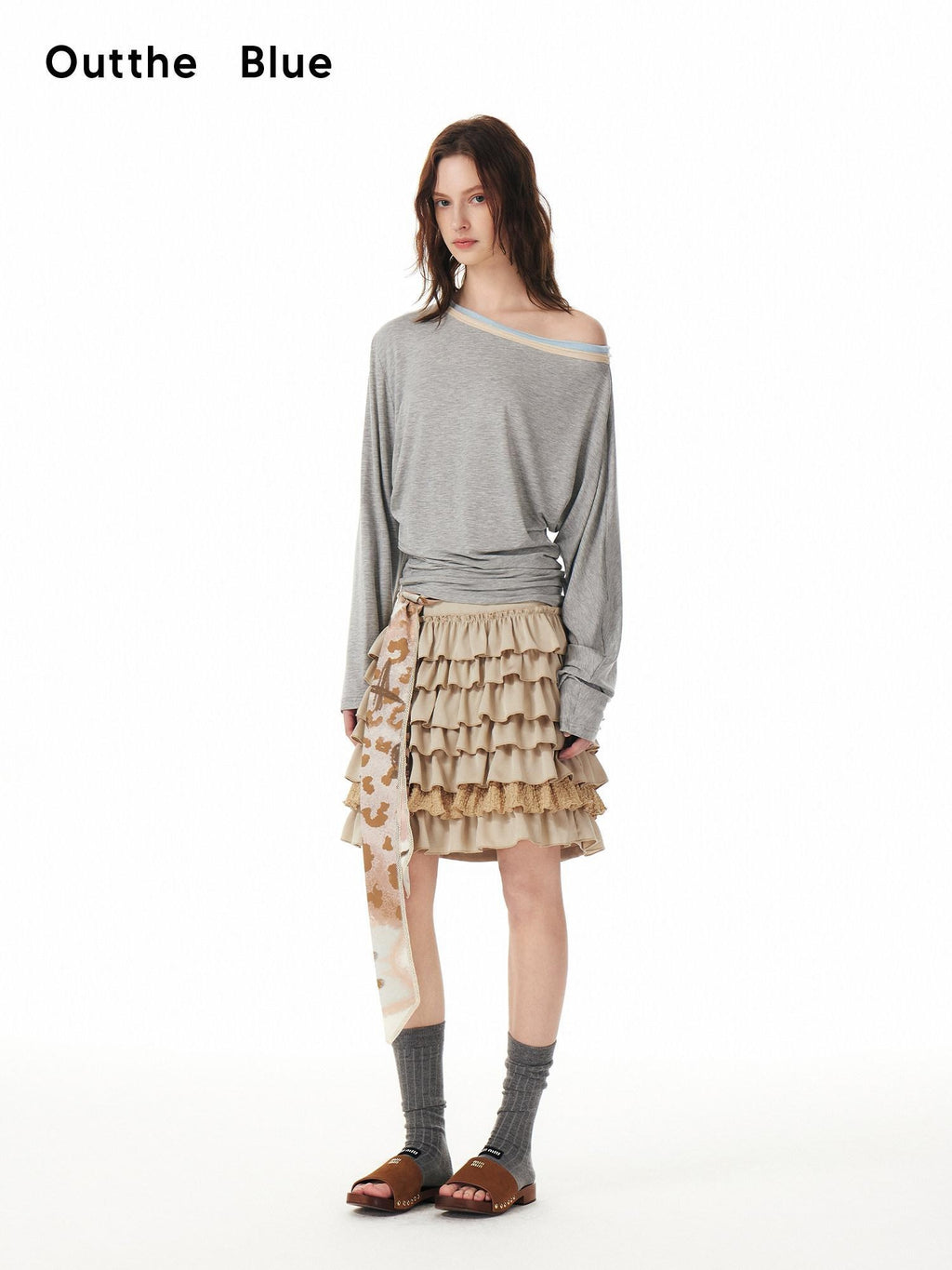 Outthe Blue Asymmetric Slant Neck Cute Slim Artistic Heather Gray Long Sleeve T-Shirts