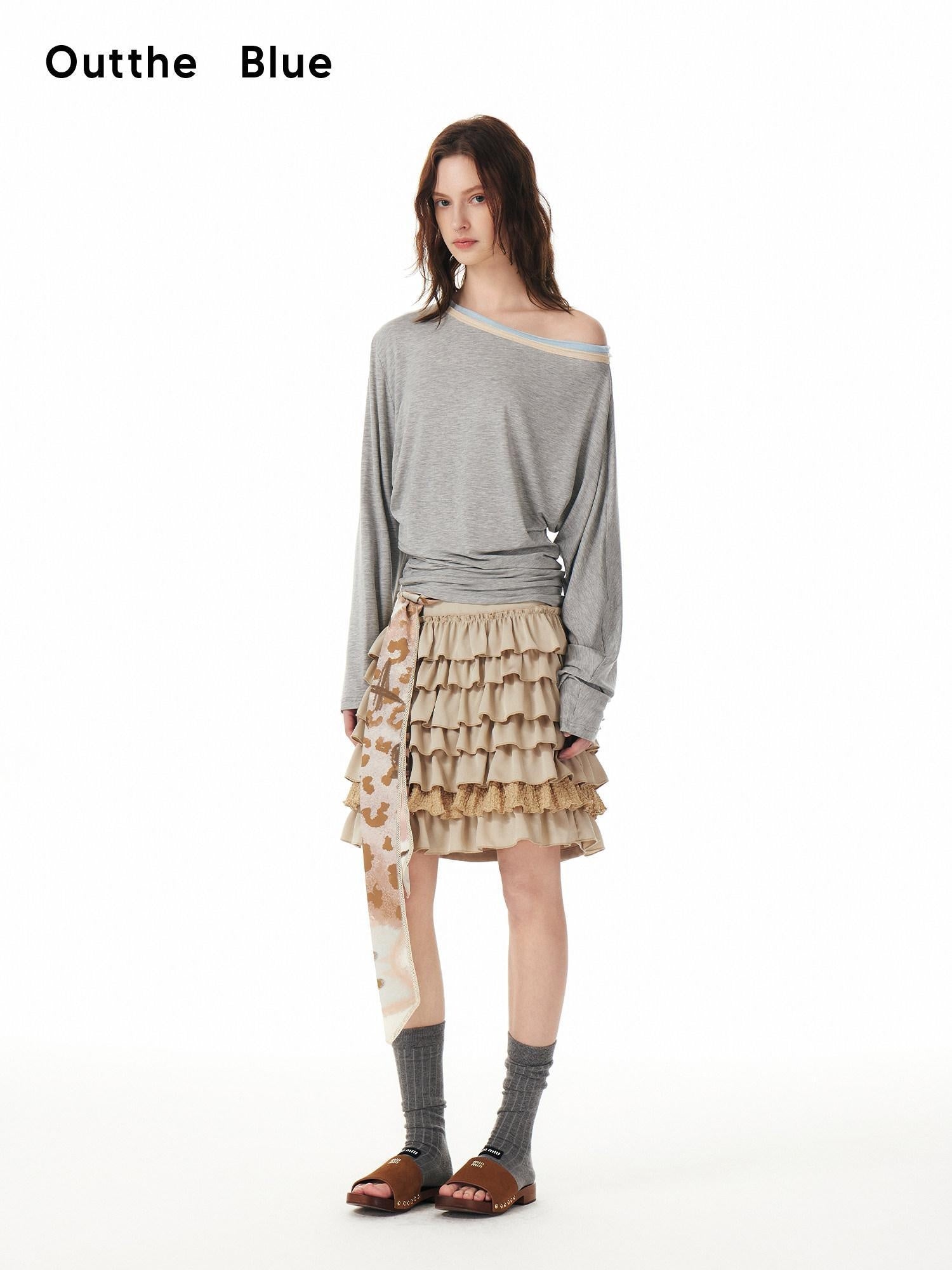 Outthe Blue Asymmetric Slant Neck Cute Slim Artistic Heather Gray Long Sleeve T-Shirts